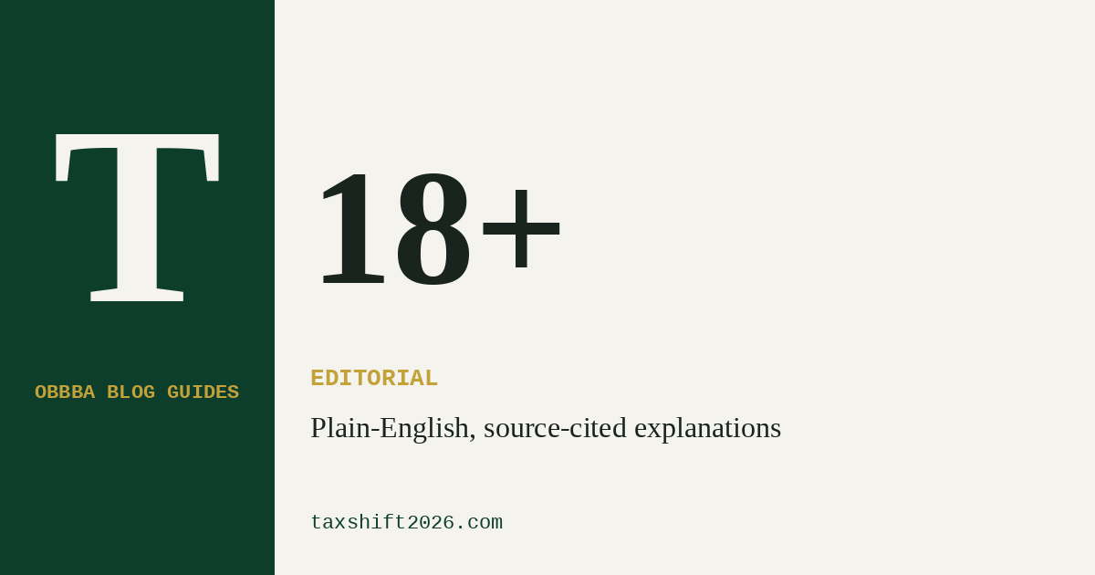 TaxShift 2026 OBBBA editorial guides — 18 plain-English long-form articles explaining each provision of Public Law 119-21, the One Big Beautiful Bill Act, with source citations and practical tax planning tips.